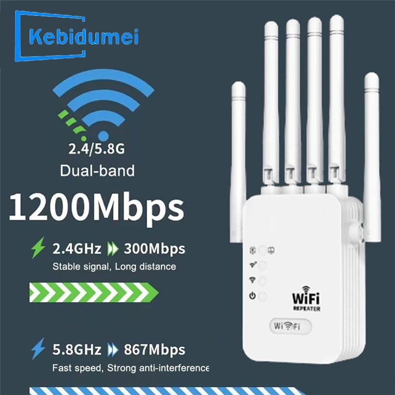 Extensor de rango Wi-Fi de banda dual Kebidumei – 2.4G &amp; 5G Wireless Signal Booster, Wi-Fi Amplifier for Home &amp; Office, 1300Mbps, Network Repeater